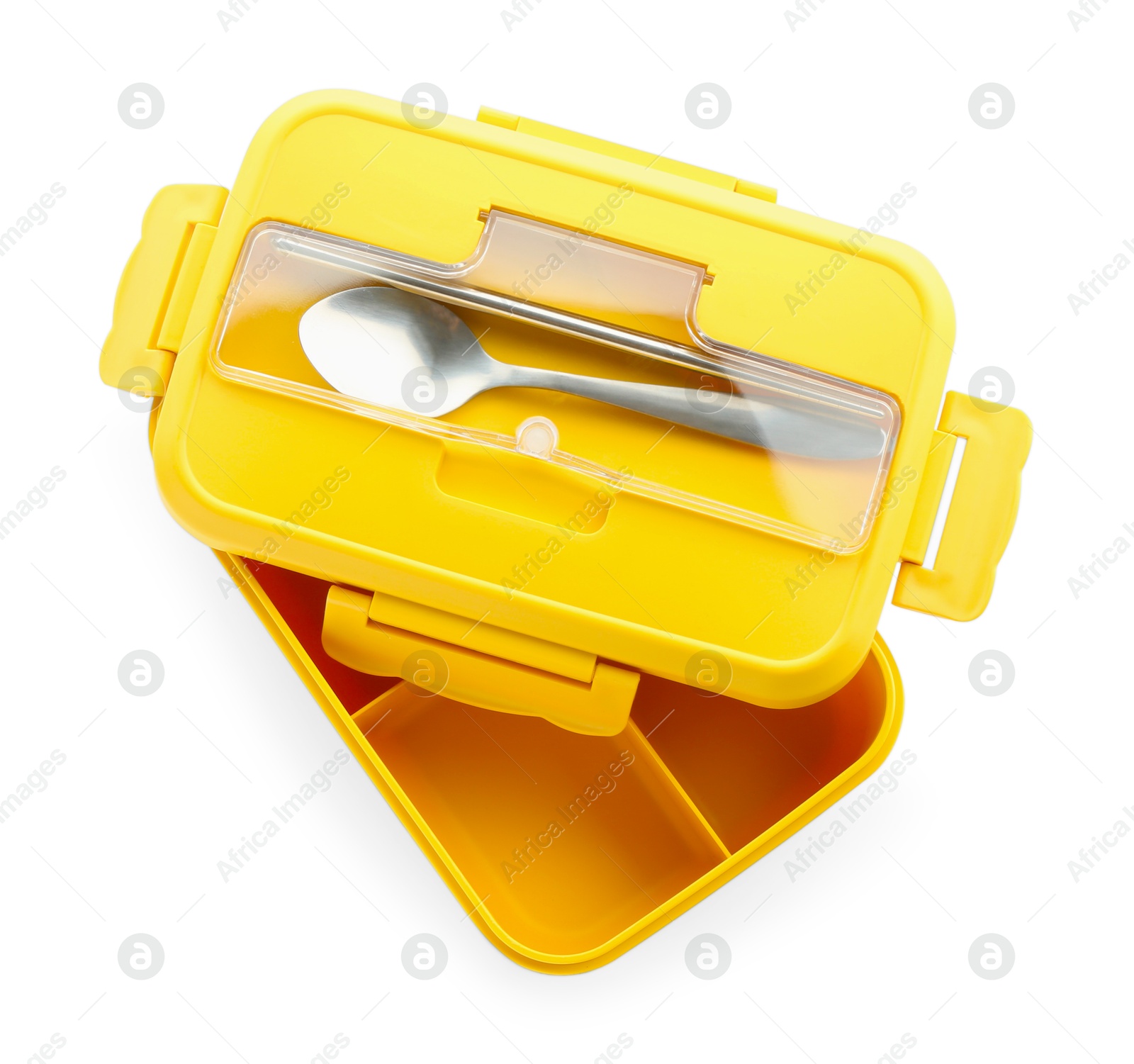 Photo of Plastic lunch box with cutlery and lid isolated on white, top view