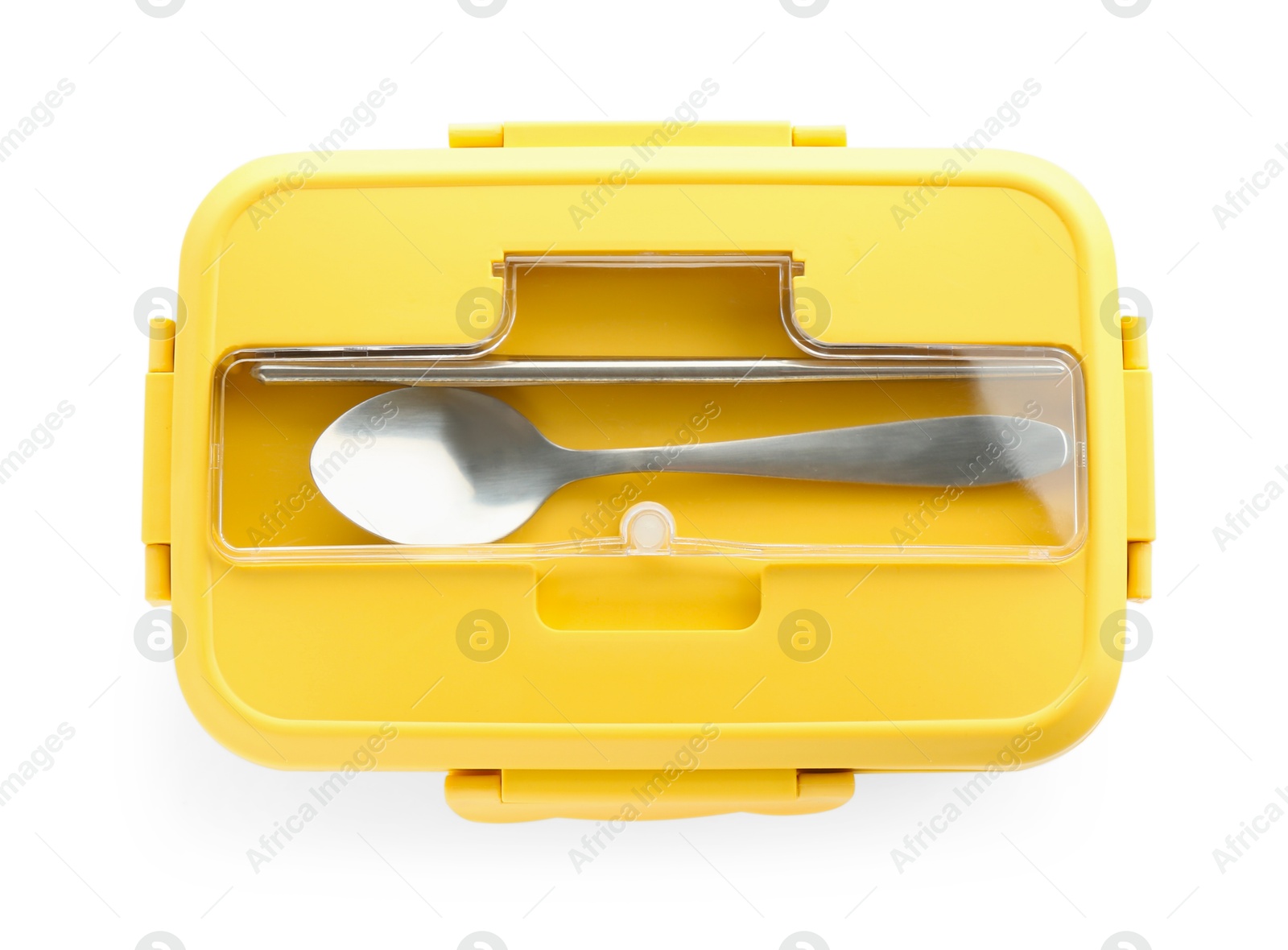 Photo of Plastic lunch box with cutlery and lid isolated on white, top view