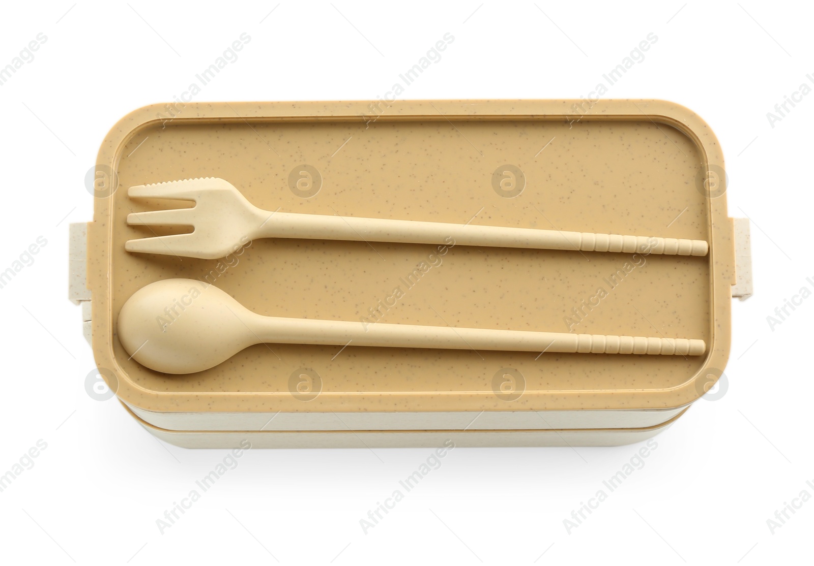 Photo of Plastic lunch box with cutlery isolated on white, top view