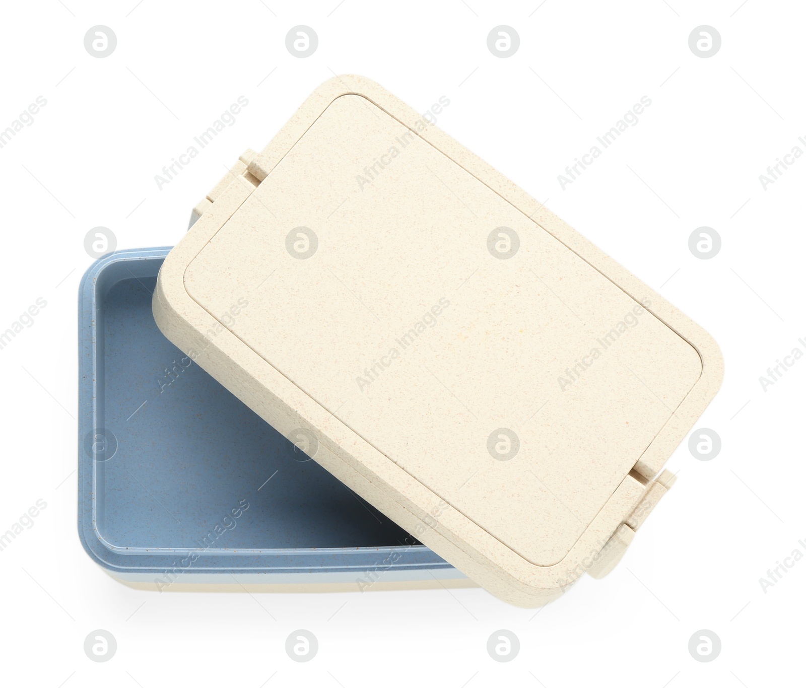 Photo of Plastic lunch box and lid isolated on white, top view