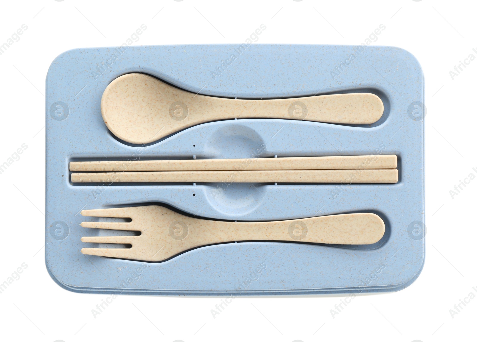 Photo of Plastic holder from lunch box and cutlery isolated on white, top view