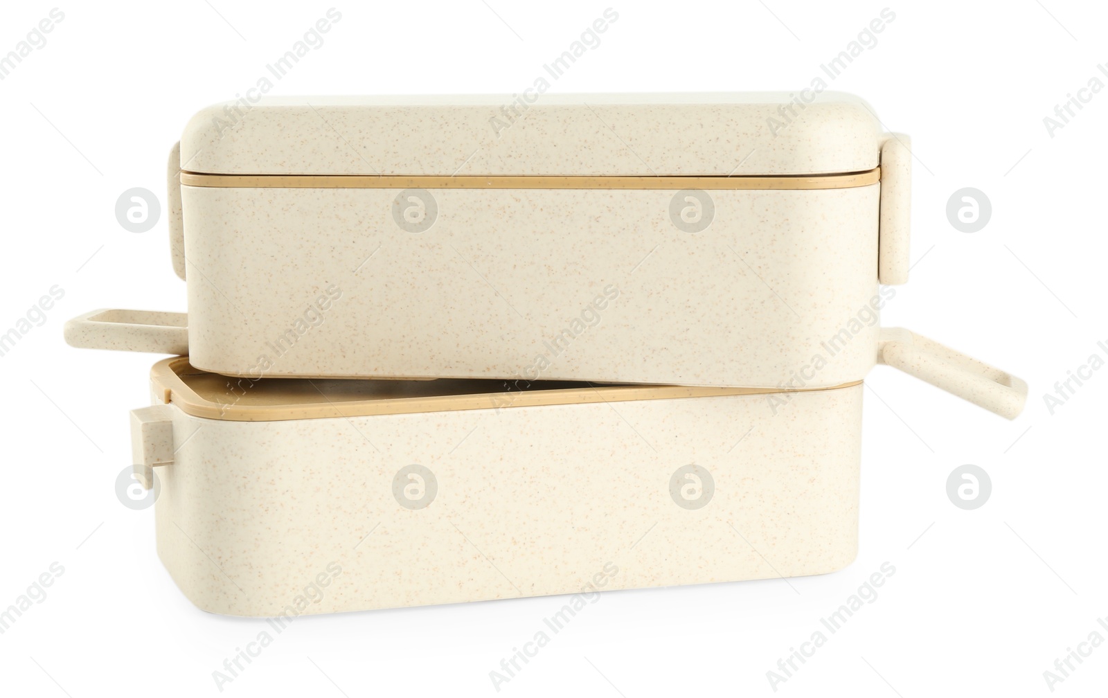 Photo of Beige plastic lunch boxes isolated on white