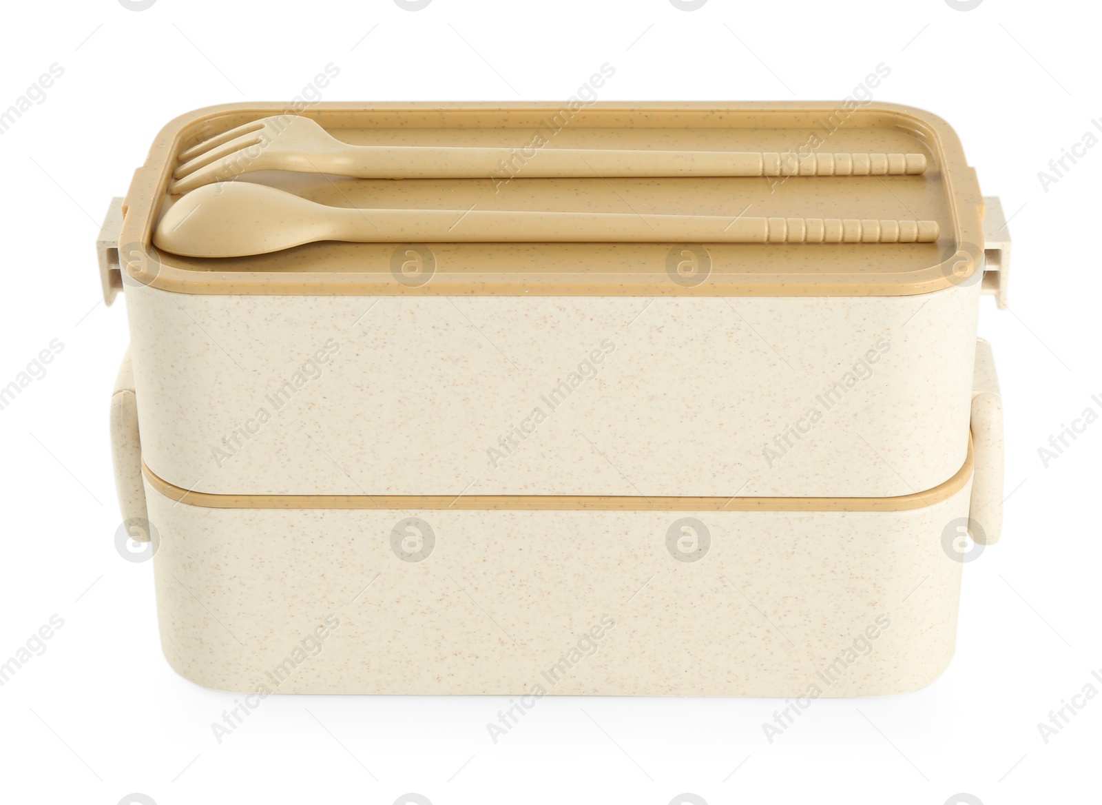 Photo of Plastic lunch boxes with cutlery isolated on white