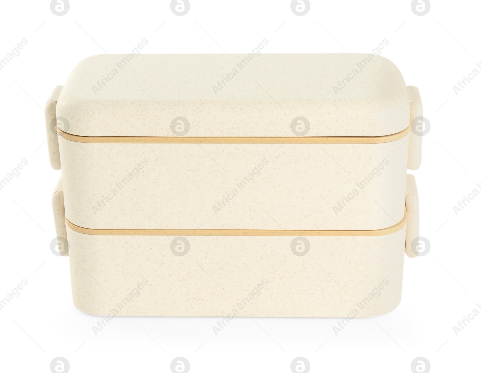 Photo of Beige plastic lunch boxes isolated on white