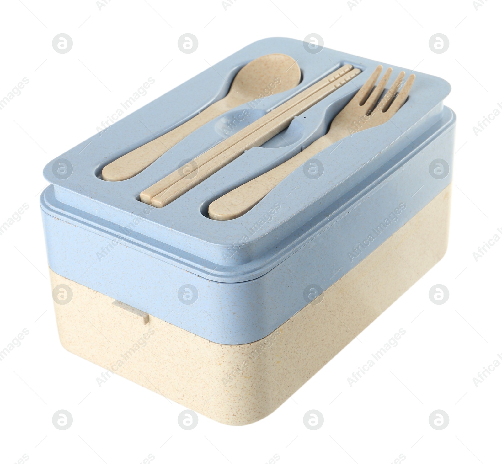 Photo of Plastic lunch box with cutlery isolated on white