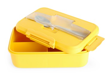 Photo of Plastic lunch box with cutlery and lid isolated on white