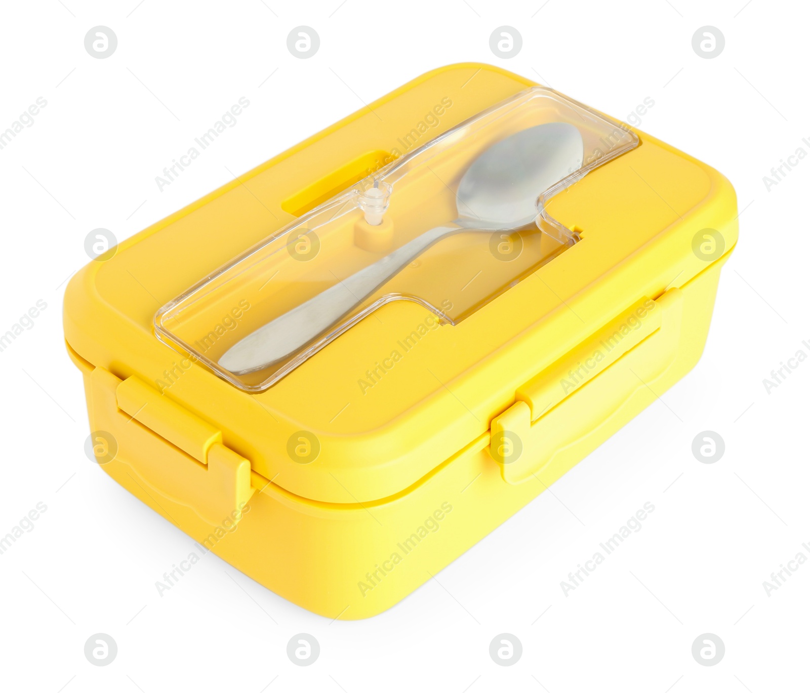 Photo of Plastic lunch box with cutlery isolated on white