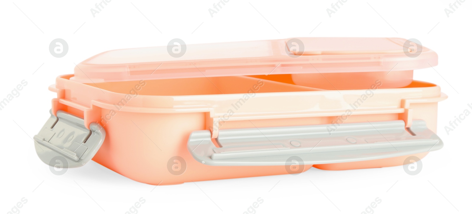 Photo of Plastic lunch box and lid isolated on white