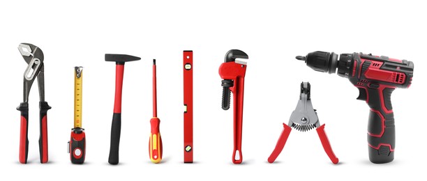 Image of Set of different construction tools on white background