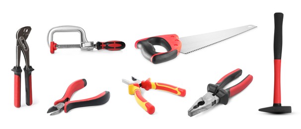 Image of Set of different construction tools on white background