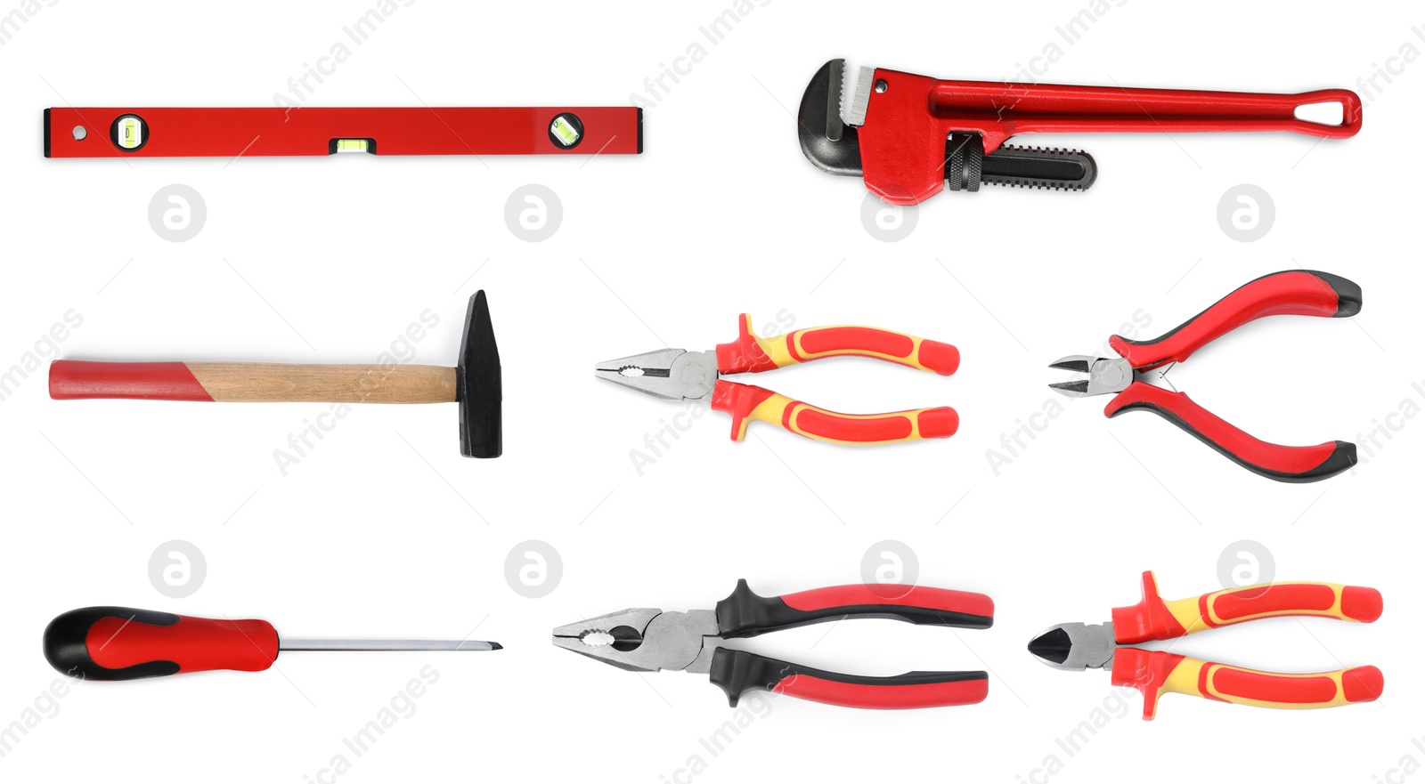 Image of Set of different construction tools on white background, top view