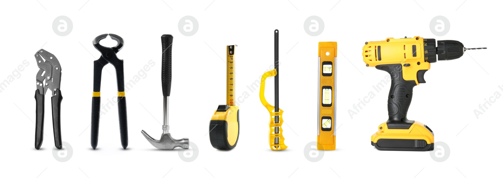 Image of Set of different construction tools on white background