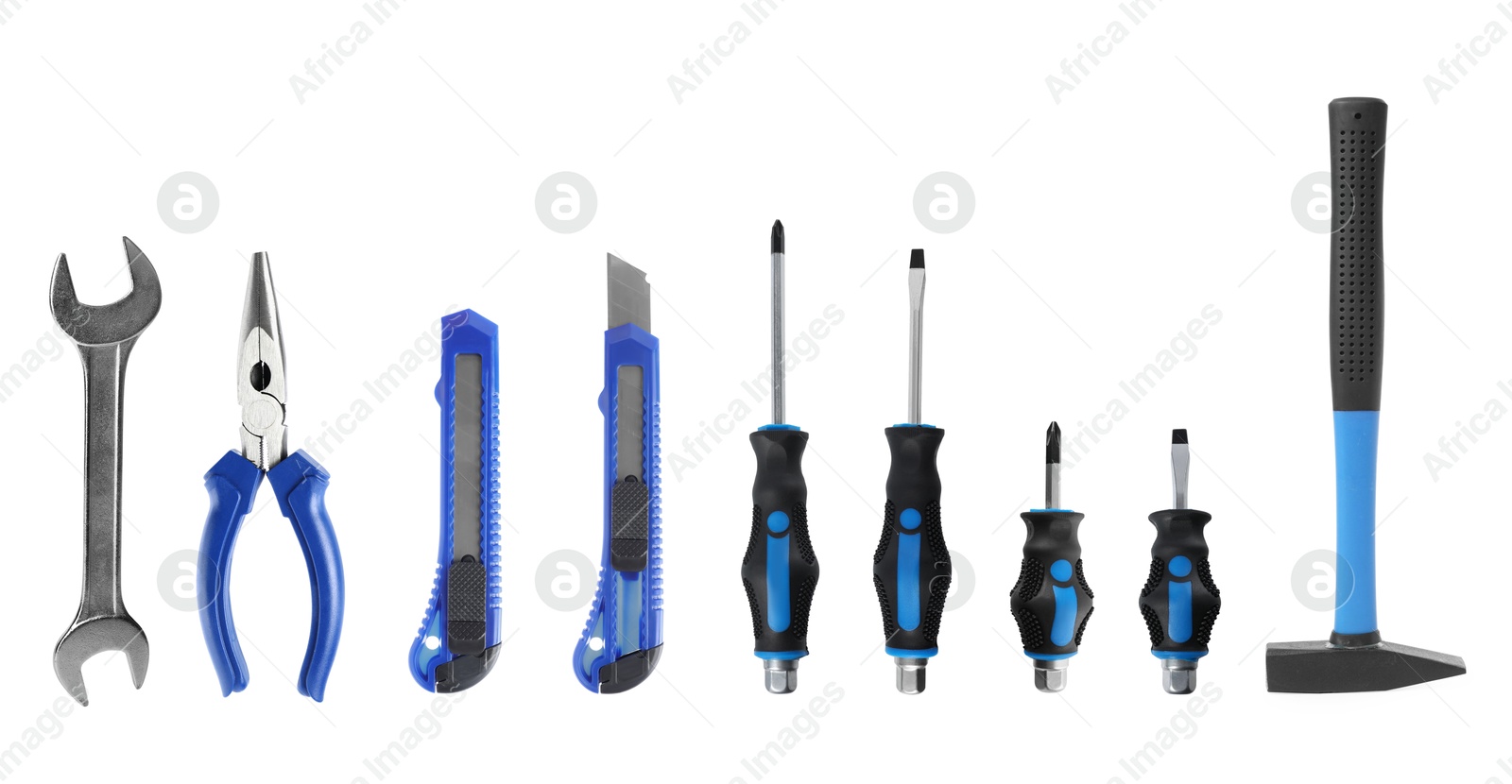 Image of Set of different construction tools on white background