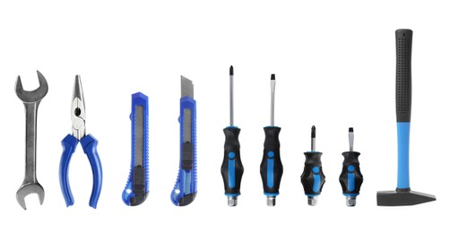 Image of Set of different construction tools on white background