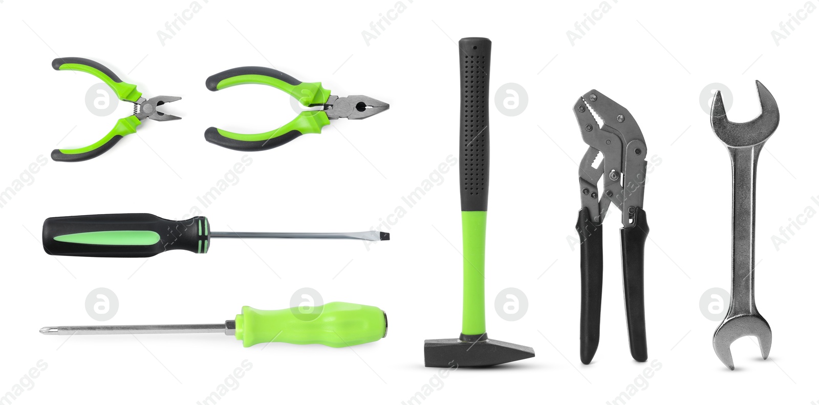 Image of Set of different construction tools on white background