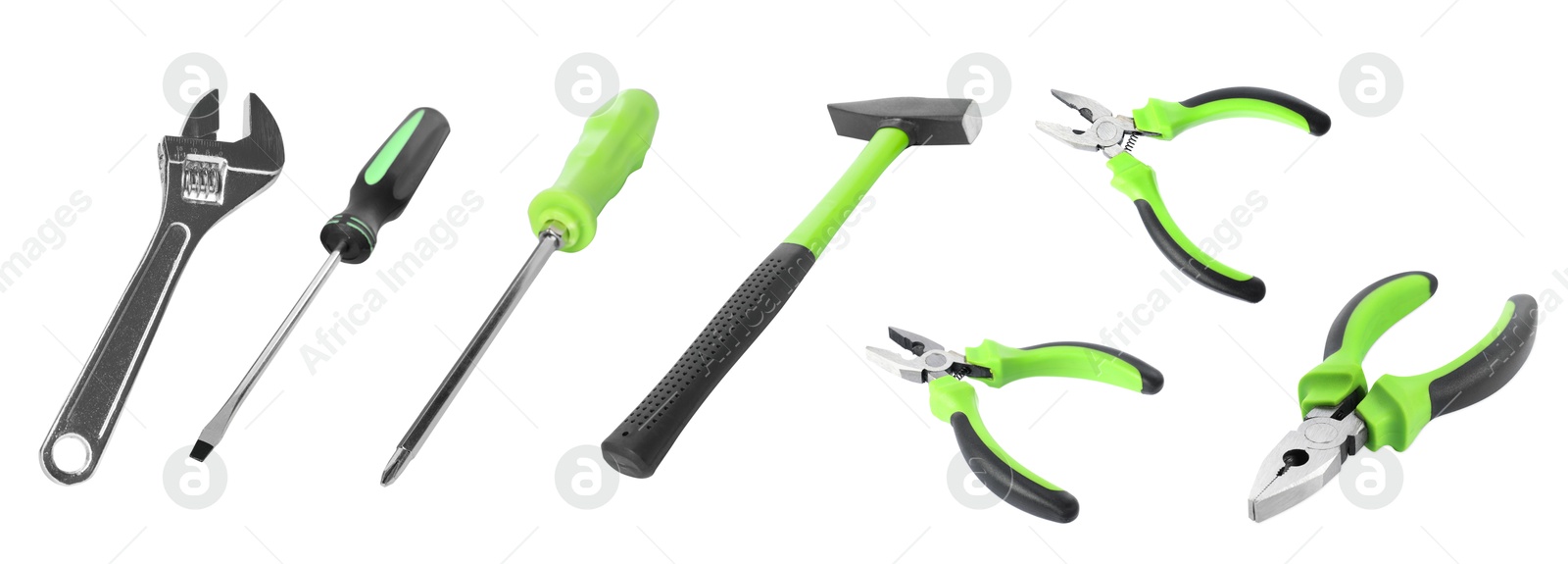 Image of Set of different construction tools on white background