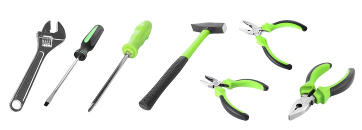 Image of Set of different construction tools on white background