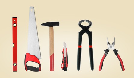 Image of Set of different construction tools on light background