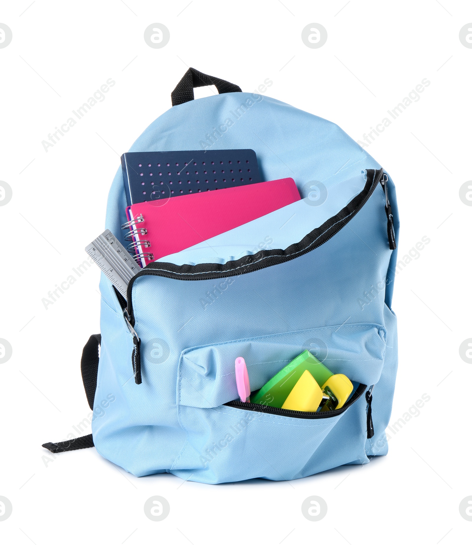 Photo of Backpack with different school stationery isolated on white