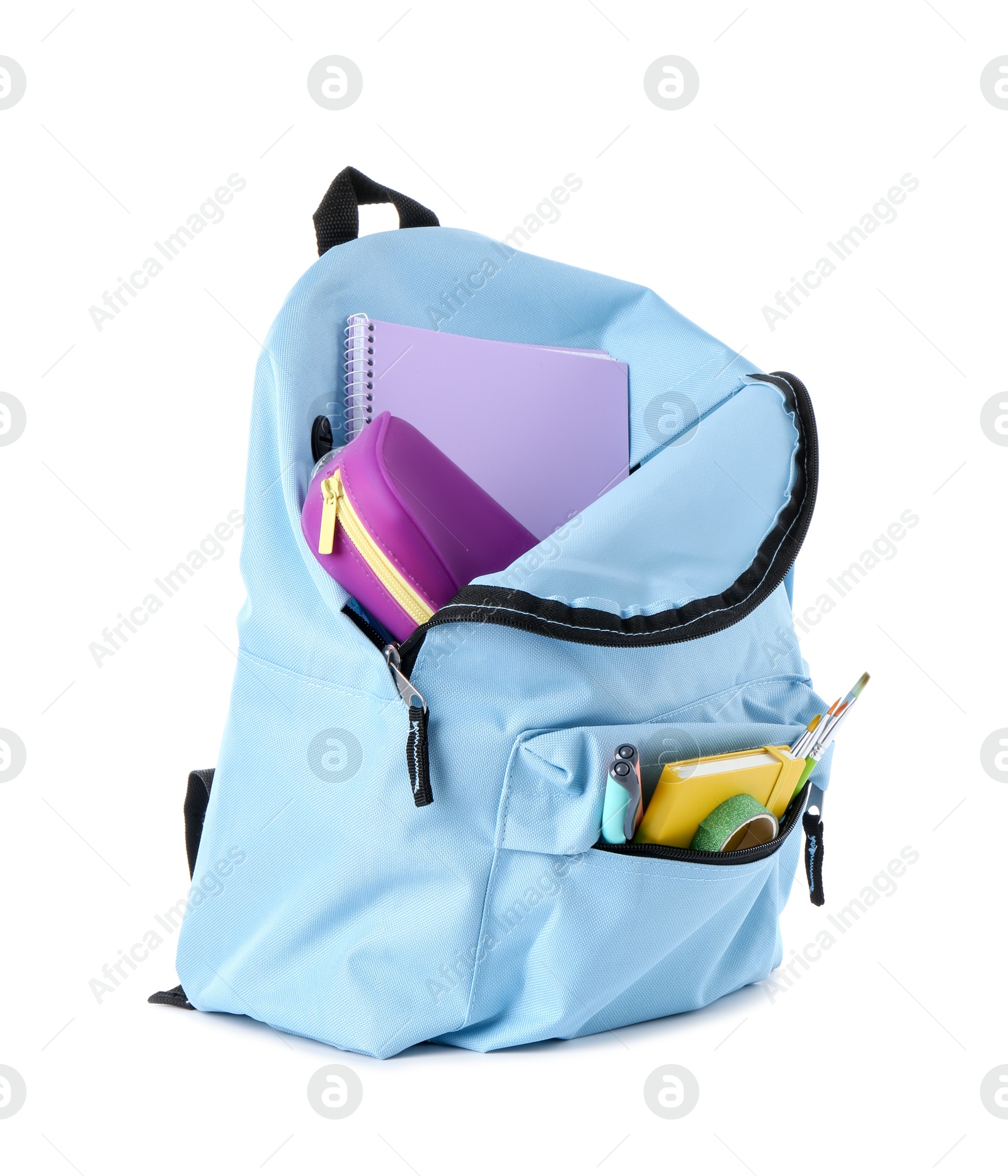 Photo of Backpack with different school stationery isolated on white