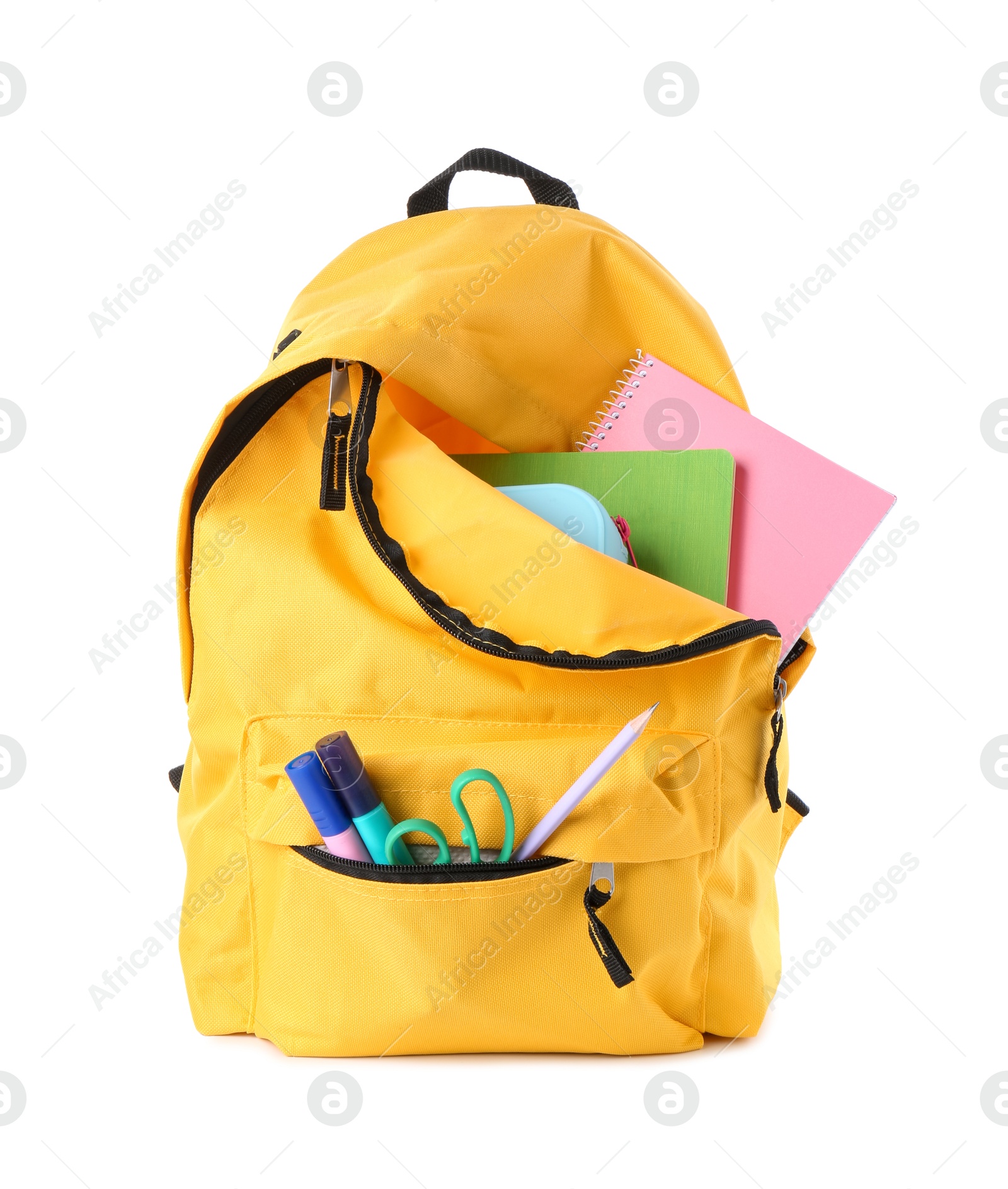 Photo of Backpack with different school stationery isolated on white