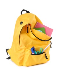 Photo of Backpack with different school stationery isolated on white