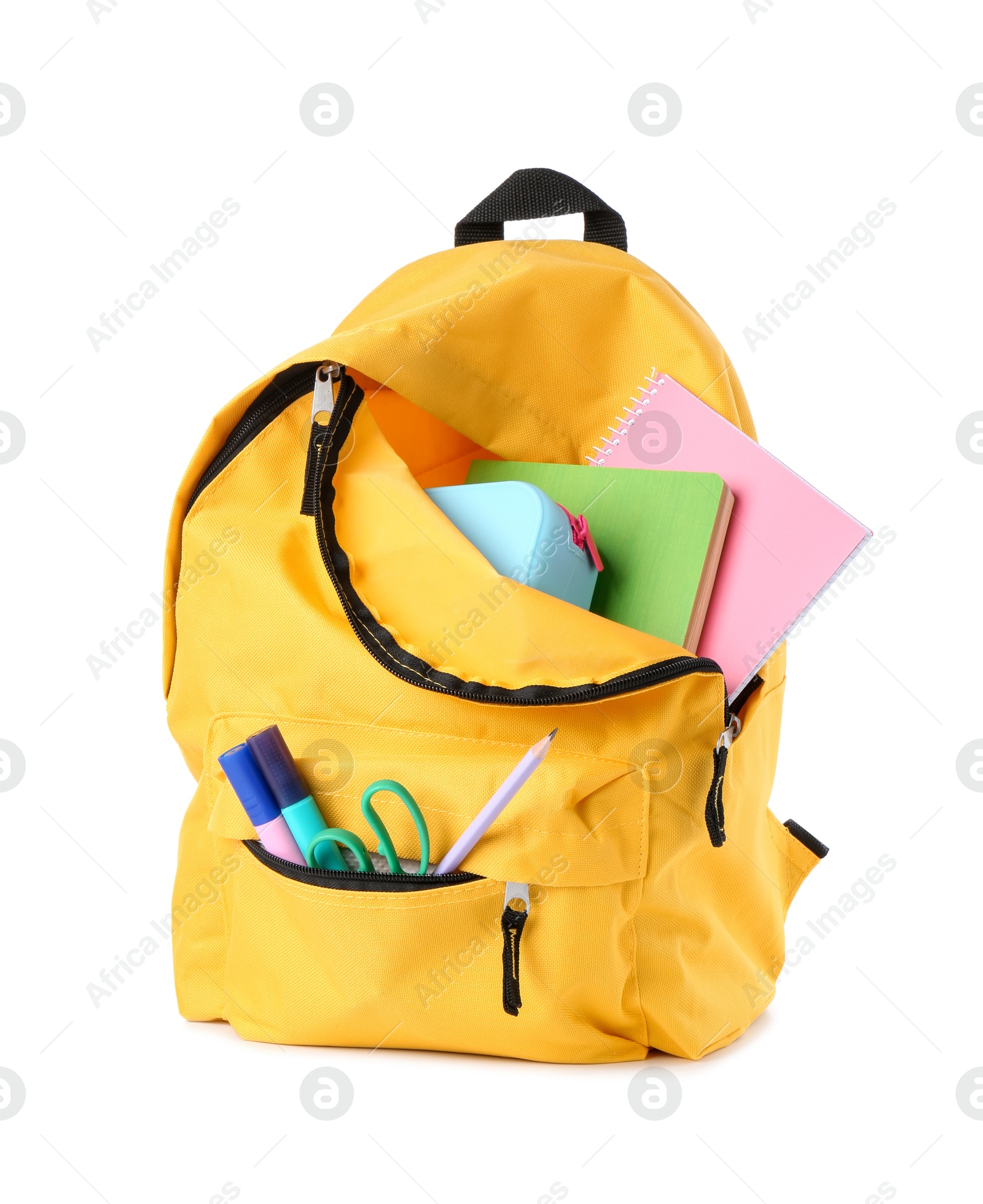 Photo of Backpack with different school stationery isolated on white