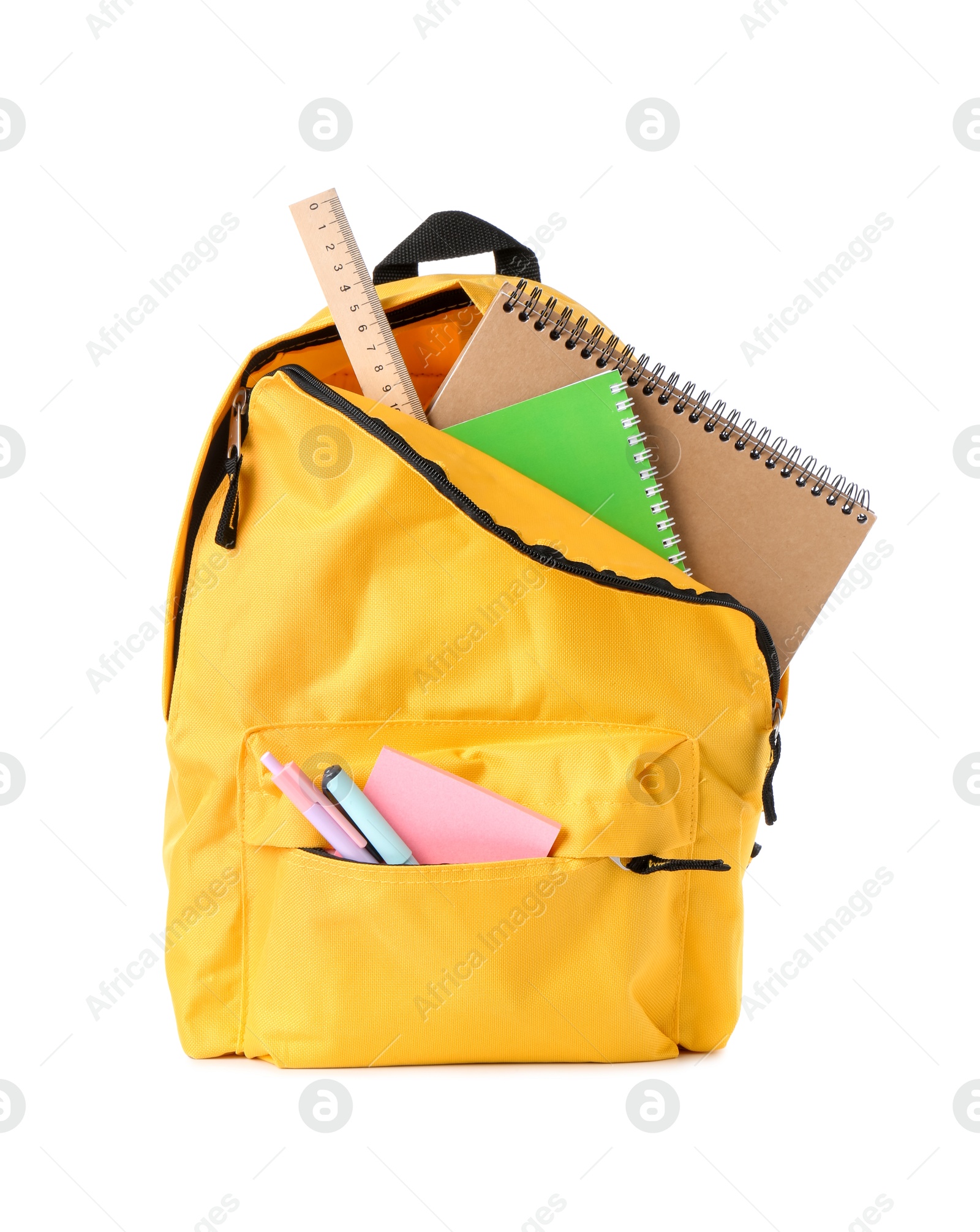 Photo of Backpack with different school stationery isolated on white