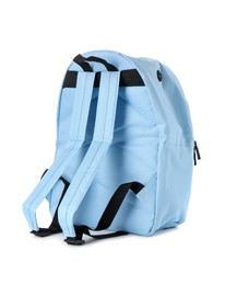 Photo of Stylish light blue backpack isolated on white