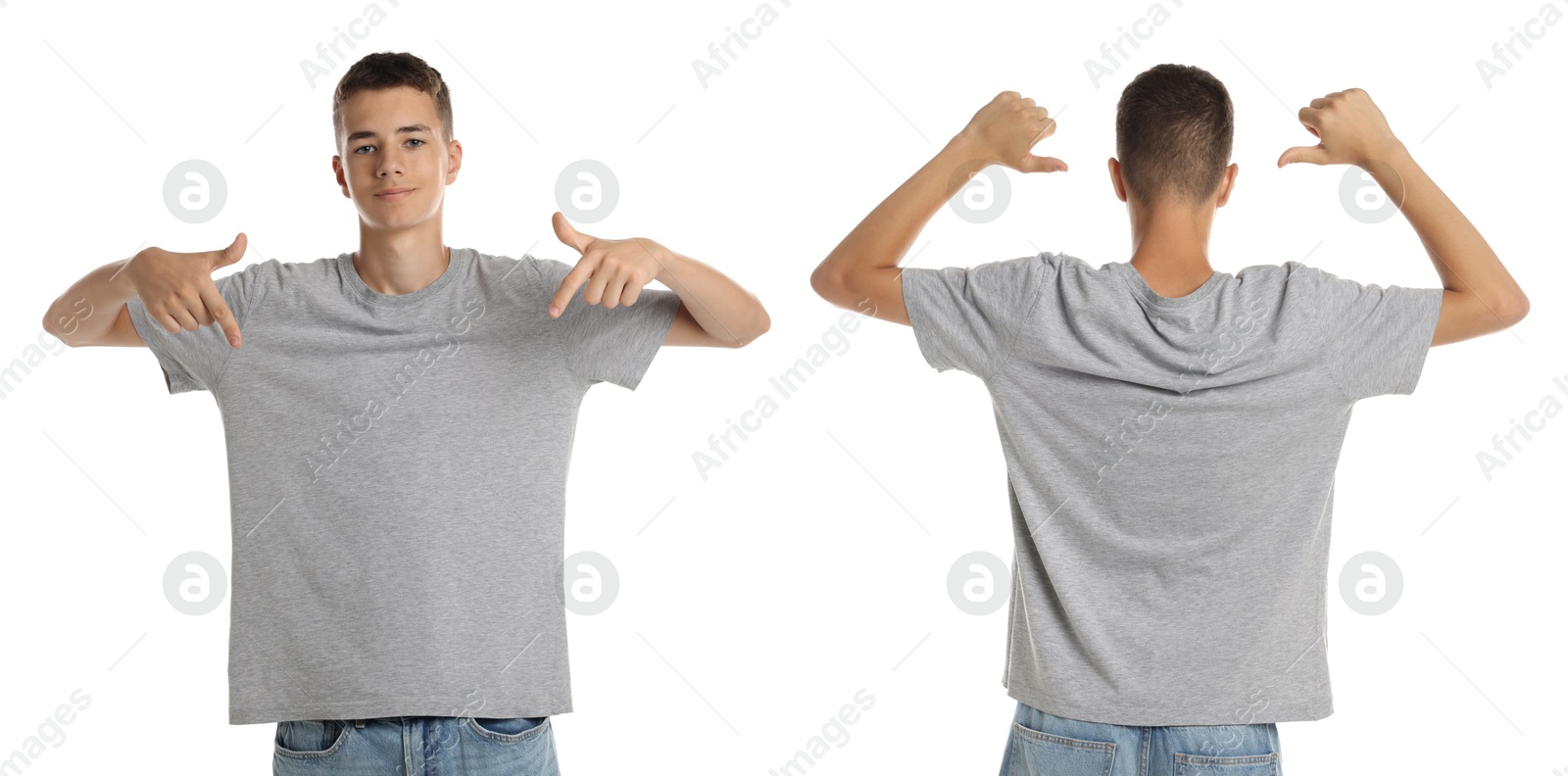 Image of Teenage boy wearing light grey t-shirt on white background, collage of photos. Front and back views