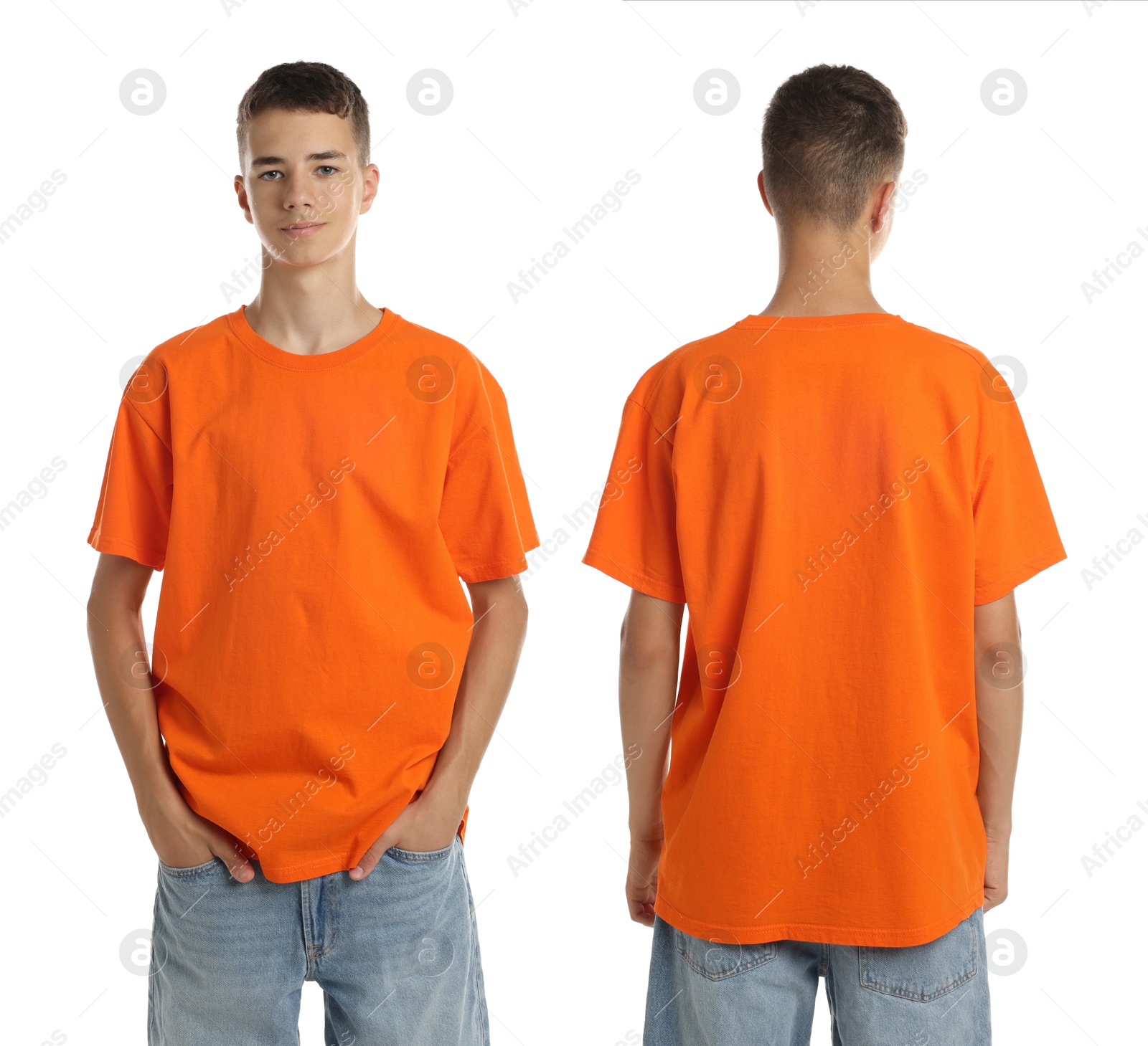 Image of Teenage boy wearing orange t-shirt on white background, collage of photos. Front and back views