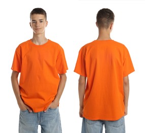 Teenage boy wearing orange t-shirt on white background, collage of photos. Front and back views