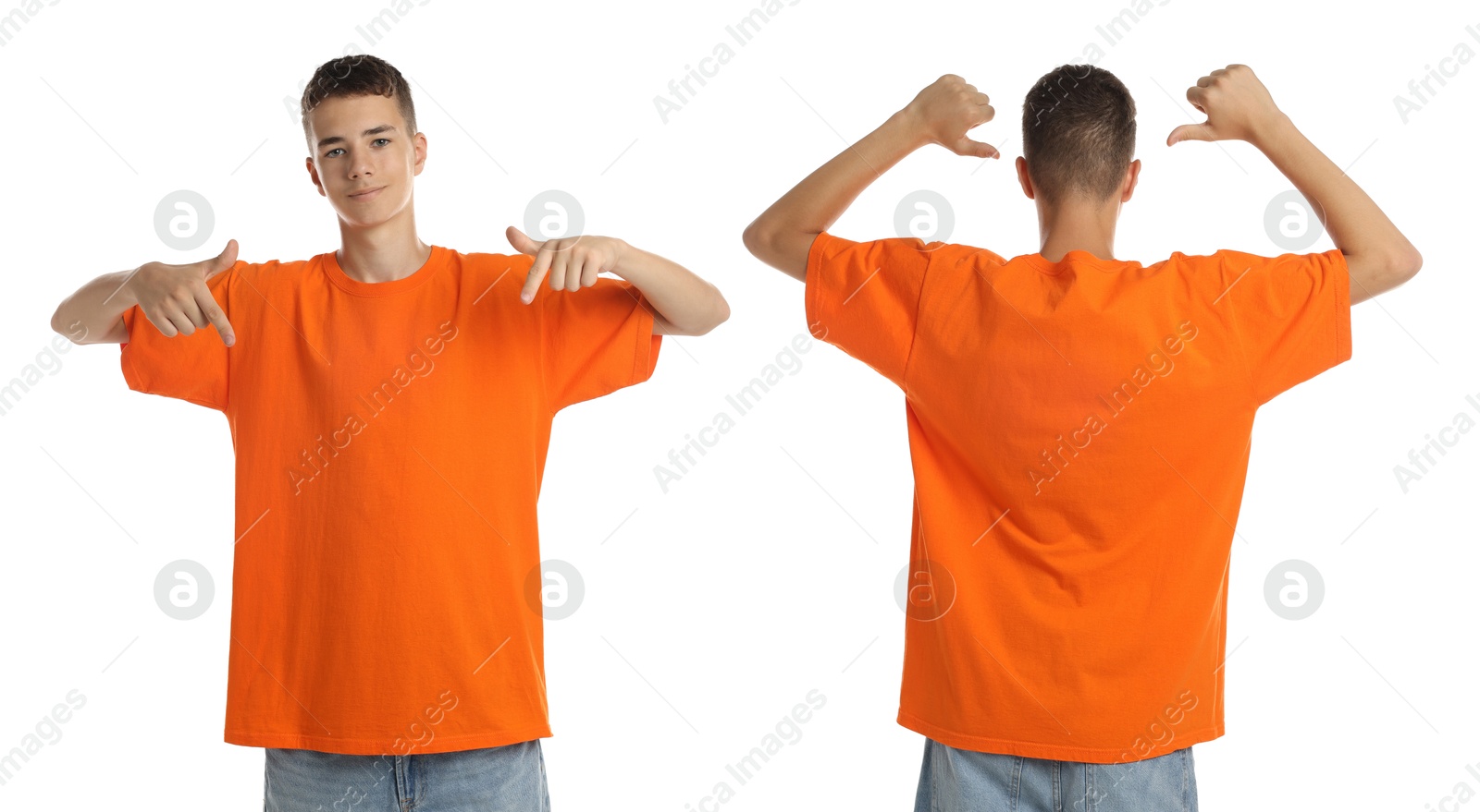 Image of Teenage boy wearing orange t-shirt on white background, collage of photos. Front and back views