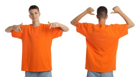 Teenage boy wearing orange t-shirt on white background, collage of photos. Front and back views