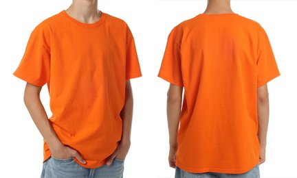 Teenage boy wearing orange t-shirt on white background, collage of closeup photos. Front and back views