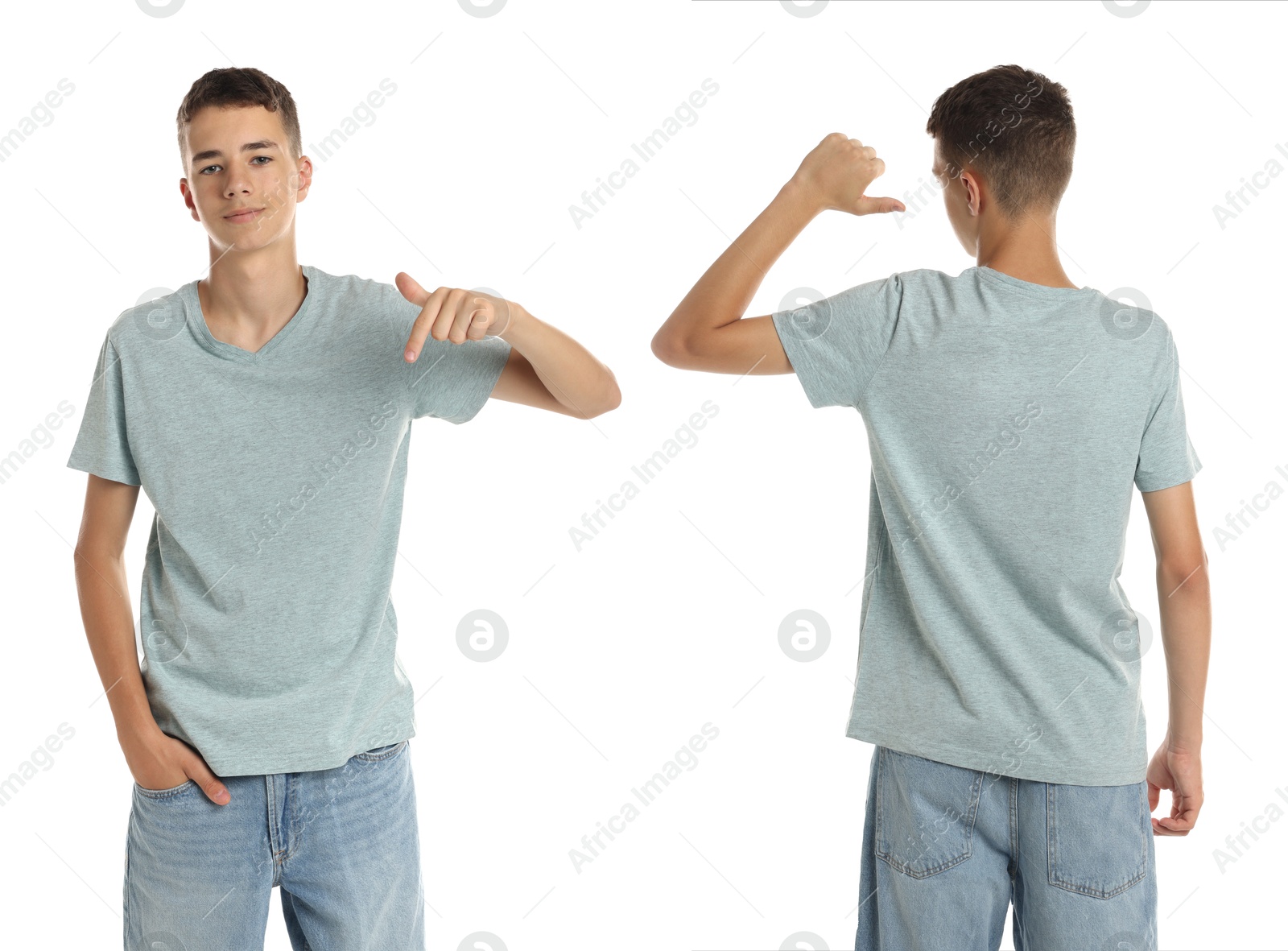 Image of Teenage boy wearing light grey t-shirt on white background, collage of photos. Front and back views