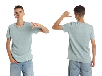 Image of Teenage boy wearing light grey t-shirt on white background, collage of photos. Front and back views