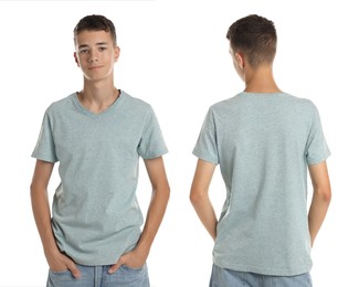 Image of Teenage boy wearing light grey t-shirt on white background, collage of photos. Front and back views