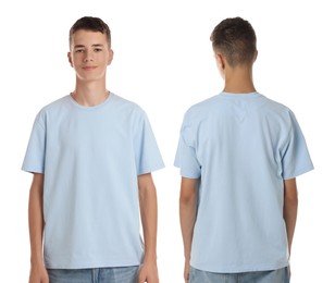 Image of Teenage boy wearing light blue t-shirt on white background, collage of photos. Front and back views