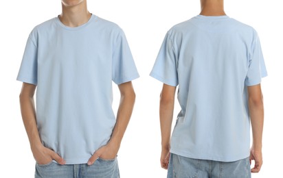 Teenage boy wearing light blue t-shirt on white background, collage of closeup photos. Front and back views