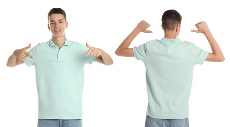 Teenage boy wearing light green t-shirt on white background, collage of photos. Front and back views