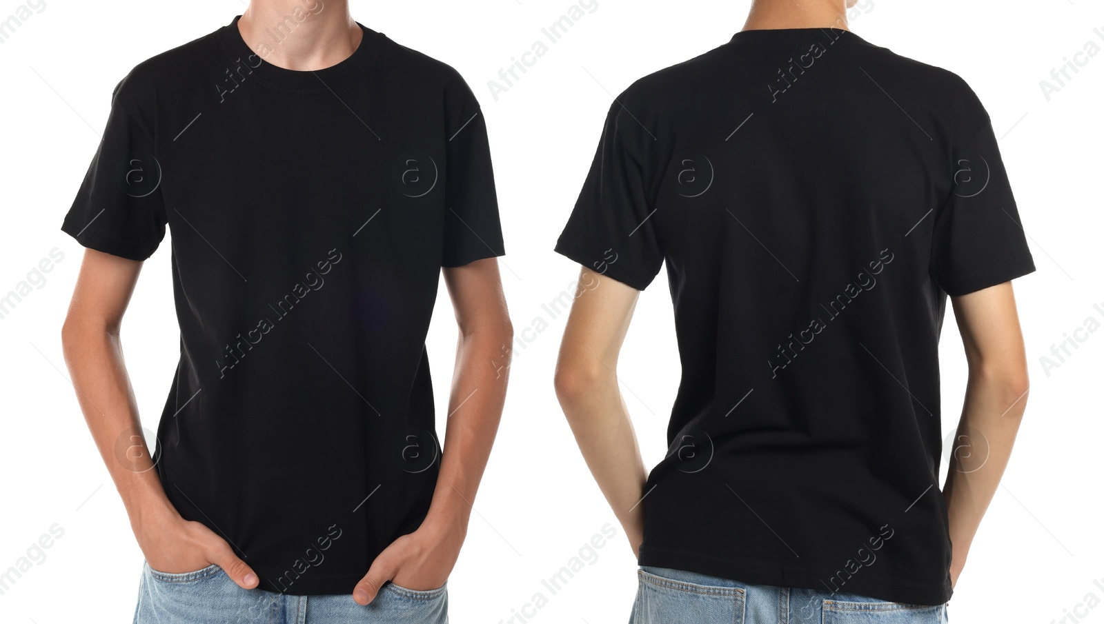 Image of Teenage boy wearing black t-shirt on white background, collage of closeup photos. Front and back views