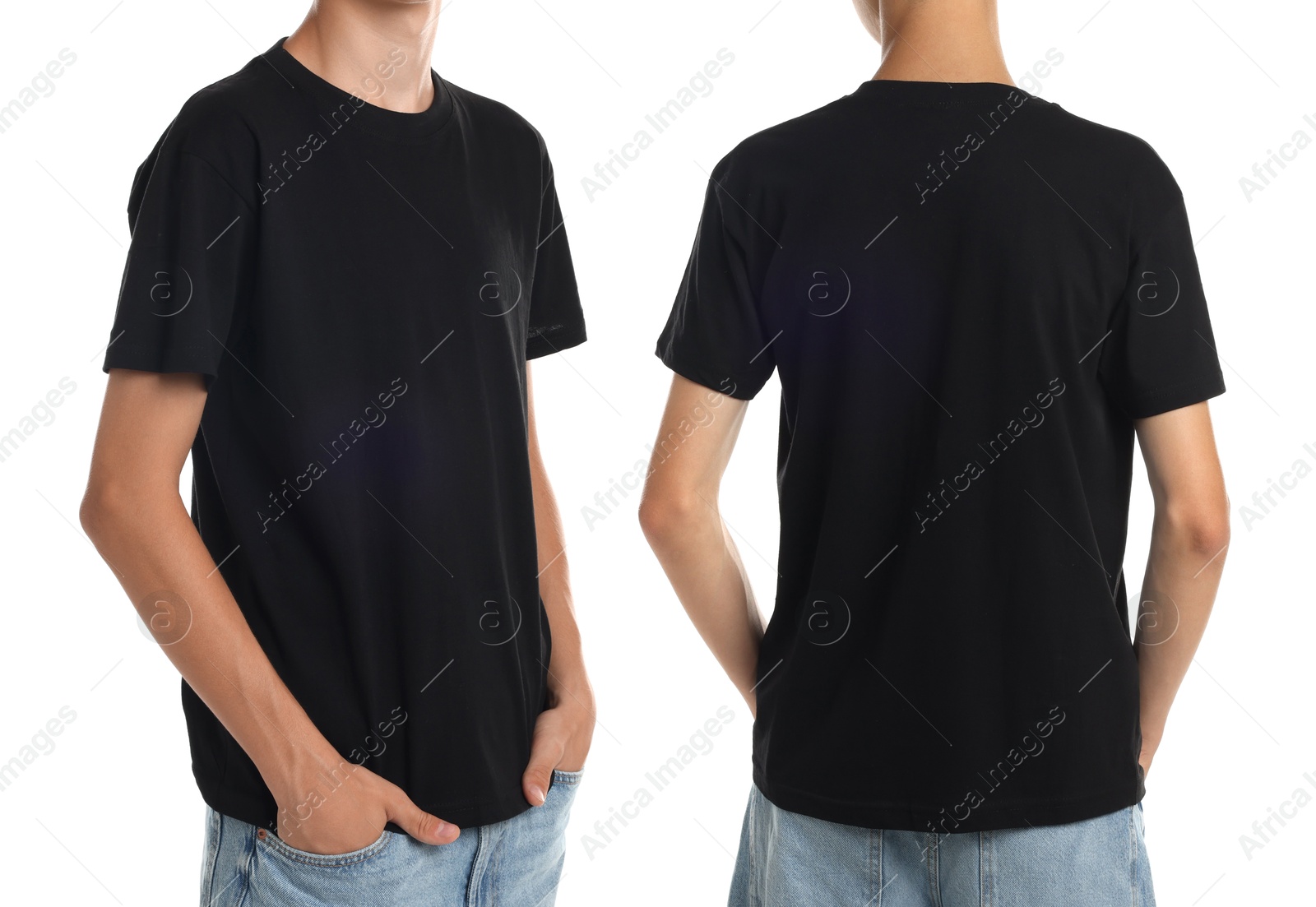 Image of Teenage boy wearing black t-shirt on white background, collage of closeup photos. Side and back views