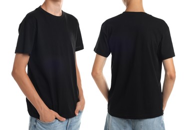 Teenage boy wearing black t-shirt on white background, collage of closeup photos. Side and back views