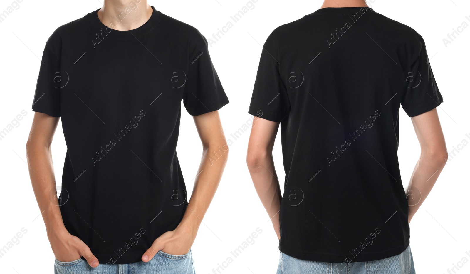 Image of Teenage boy wearing black t-shirt on white background, collage of closeup photos. Front and back views