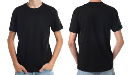 Teenage boy wearing black t-shirt on white background, collage of closeup photos. Front and back views