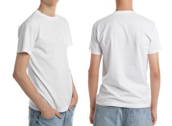 Teenage boy wearing white t-shirt on white background, collage of closeup photos. Side and back views