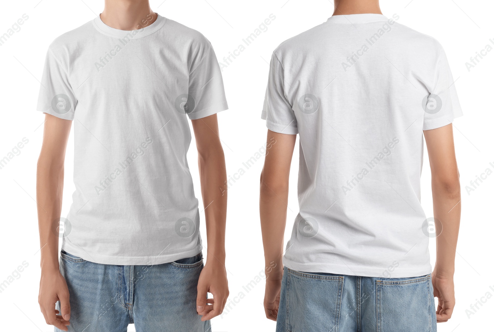 Image of Teenage boy wearing white t-shirt on white background, collage of closeup photos. Front and back views