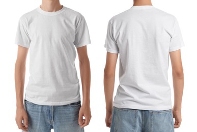 Teenage boy wearing white t-shirt on white background, collage of closeup photos. Front and back views