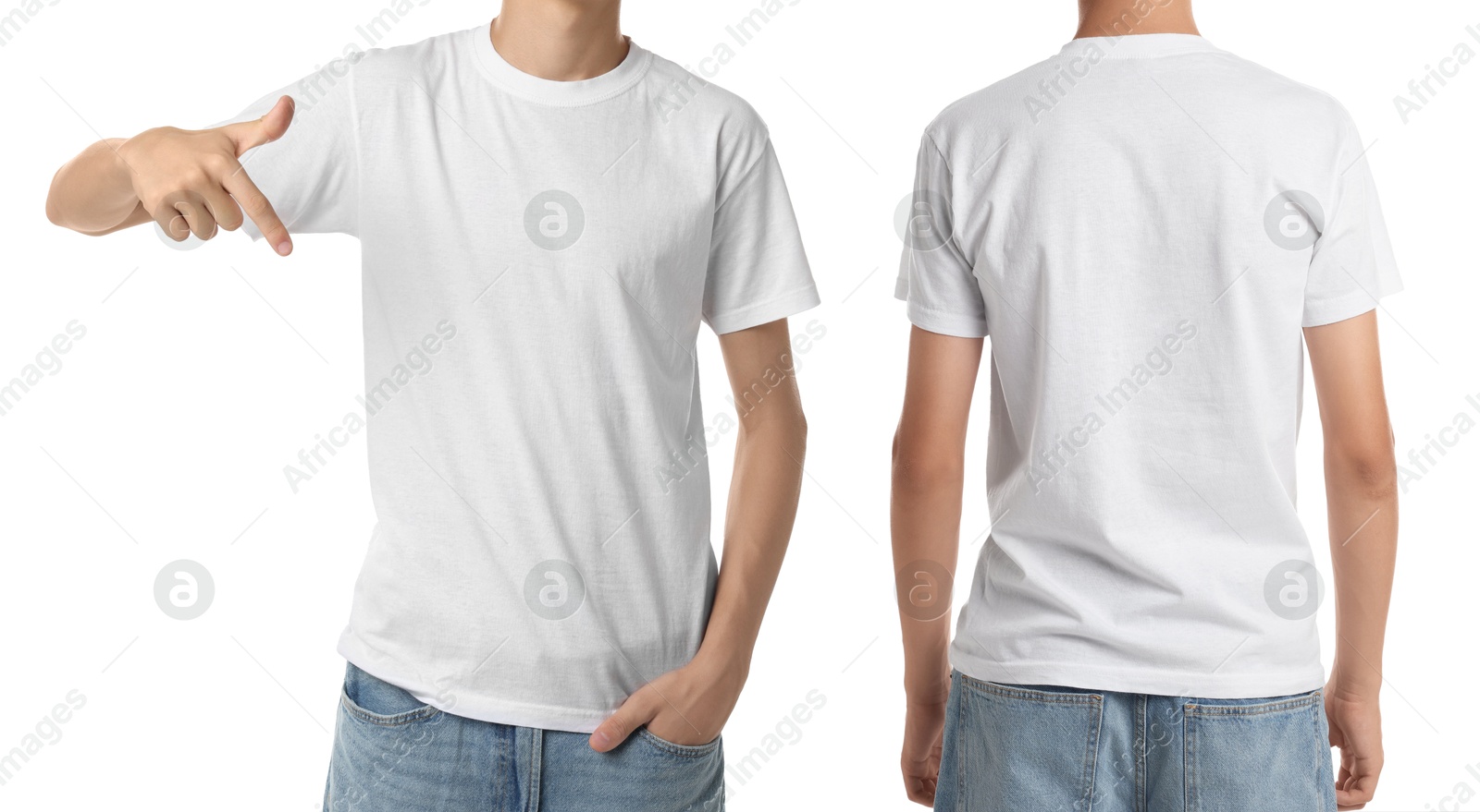 Image of Teenage boy wearing white t-shirt on white background, collage of closeup photos. Front and back views